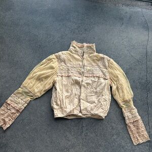 Vintage lace, cotton, crochet, mesh antique beige blouse. Sz Med